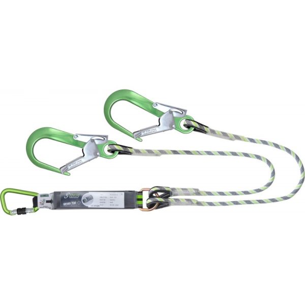 Kjernemanteltau 1,5 mtr med falldemper og 2 grønne aluminium stillaskroker og grønn aluminium skrukarabiner, for skarpe kanter