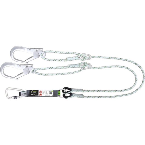 Kjernemanteltau justerbar 1,4-2 mtr med falldemper og 2 grønne aluminium stillaskroker og grønn aluminium skrukarabiner